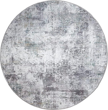 GLN Rugs Contemporary Collection - Machine Washable Area Rug, Contemporary Washable, Non Slip, Low Pile Chenille Rug, Living Room, Bedroom, Kitchen Rug (5'3" Round Grey/Green)