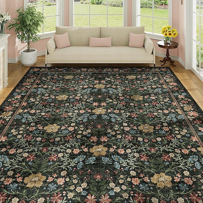 DUKINO 8x10 Area Rugs for Living Room, Vintage Floral Washable Rug with Non Slip Backing, Soft Low Pile & Non-Shedding Large Carpets for Bedroom, Farmhouse, Dining Room, Home Office, Black