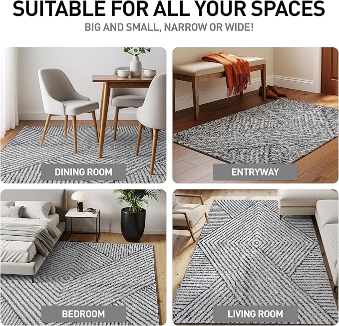 Rugshop Geometric Diamond Stripe Shag Area Rug White 5' x 7' Great for Bedrooms, Living Rooms, or Under Coffee Tables