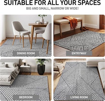 Rugshop Geometric Diamond Stripe Shag Area Rug White 7' 10" x 10' Perfect for Large Living Rooms, Dining Areas, or Master Bedrooms