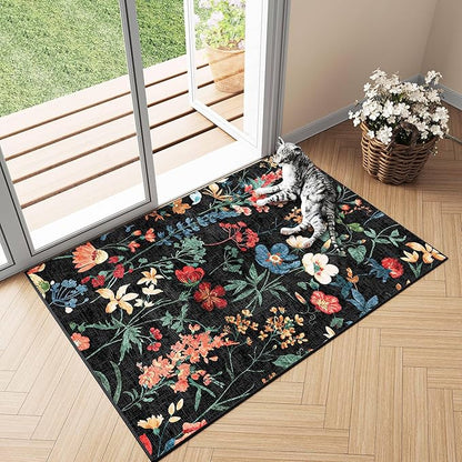 Black Area Rug 2x3 Entryway Floral Boho Door Mat Indoor Washable Kitchen Carpet Non Slip Bedroom Lightweight Low Pile Accent Rug for Bathroom Living Room Office Dining Room