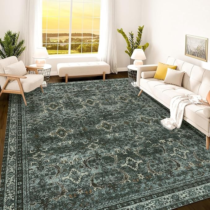 Istana 8x10 Area Rug - Dark Green 8x10 Rugs for Living Room - Foldable Rugs for Bedroom - Stain Resistant Washable Rug - Eco-Friendly Area Rugs - Easy to Clean Living Room Rug