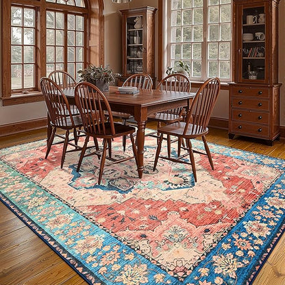 YJ.GWL Area Rugs for Living Room 6x9 Machine Washable Rugs, Non Slip Floral Vintage Rug Indoor Carpet, Stain Resistant Large Rug for Bedroom Dining Room, Red Blue Gradient Color