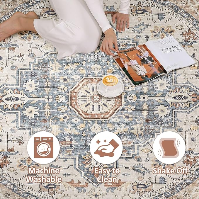 Round Rug Living Room Rugs: 10Ft Washable Boho Neutral Large Circle Soft Indoor Distressed Stain Resistant Floor Farmhouse Carpet for Bedroom Nursery Kids Playroom Office Dining Room Dorm- Beige Blue