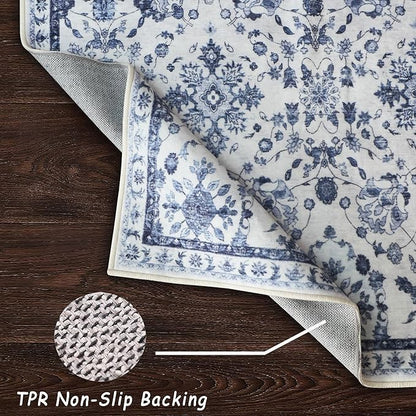 vivorug 8x10 Area Rugs, Stain Resistant Washable Rug for Living Room, Floral Rug Vintage Inspired (Ivory/Blue, 8'x10')