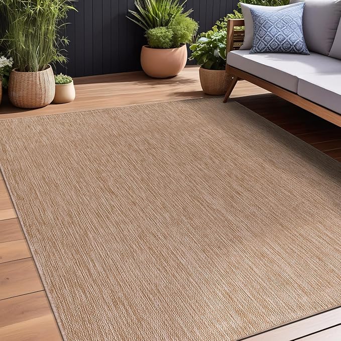 Beverly Rug Indoor Outdoor Rug 8x10, Washable Outside Carpet for Patio, Deck, Porch, Solid Modern Area Rug, Water Resistant, Jute Beige