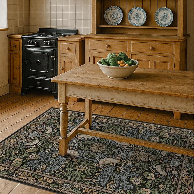 Washable 4x6 Area Rug for Living Room - Moody Accent Rug for Kitchen, Office, Large Entryway, Rustic Botanical Decor, Non-Slip Low Pile Ultra Soft Carpet