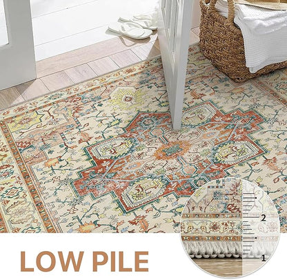 GENIMO 8x10 Area Rugs for Living Room, Machine Washable Non Slip Vintage Retro Rugs, Low Pile Lightweight Chenille Print Rug for Bedroom, Dining Room, Home Office,Floral Blossom