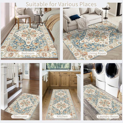 Enkor Area Soft Rugs 4x6 Washable Non Slip Boho Floor Rugs for Living Room Bedroom, Vintage Style Farmhouse Mat for Kitchen Entryway Orange & Blue