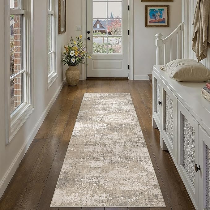 Runner Rug 2x6 Beige Machine Washable Modern Abstract Hallway Carpet Non Slip Neutral Long Carpet Low Pile Soft Non Shedding Contemporary Rug for Bathroom Laundry Kitchen Bedroom