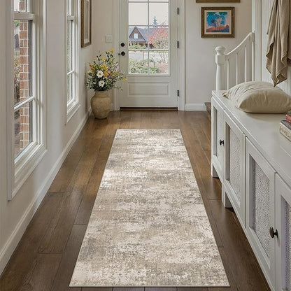 Runner Rug 2x6 Beige Machine Washable Modern Abstract Hallway Carpet Non Slip Neutral Long Carpet Low Pile Soft Non Shedding Contemporary Rug for Bathroom Laundry Kitchen Bedroom