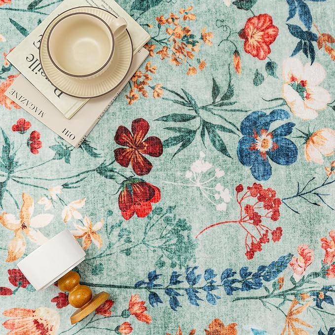 Green Area Rug 2x3 Entryway Floral Boho Door Mat Indoor Washable Kitchen Carpet Non Slip Bedroom Lightweight Low Pile Accent Rug for Bathroom Living Room Office Dining Room
