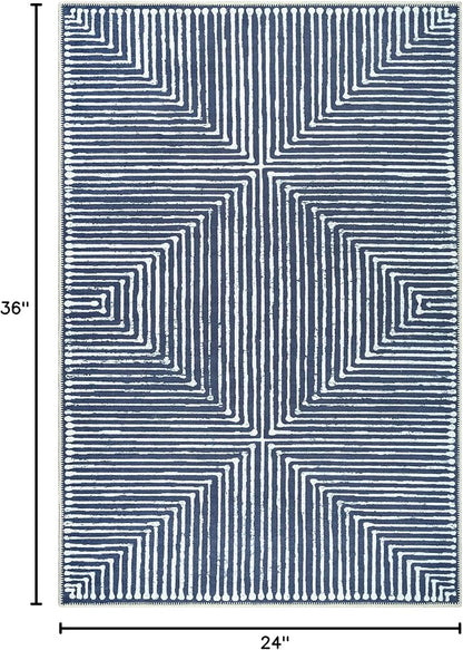 Bloom Rugs Washable Non-Slip 2' x 3' Rug - Blue Striped Area Rug for Living Room, Bedroom, Dining Room, and Kitchen - Exact Size: 2' x 3'
