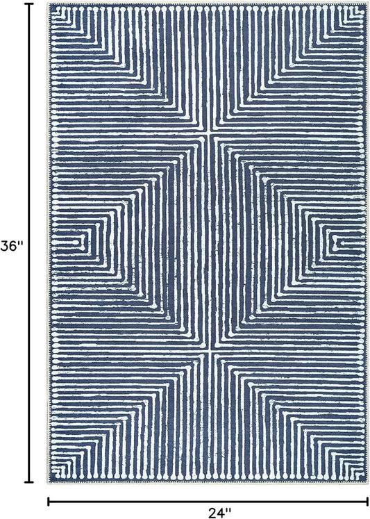 Bloom Rugs Washable Non-Slip 2' x 3' Rug - Blue Striped Area Rug for Living Room, Bedroom, Dining Room, and Kitchen - Exact Size: 2' x 3'