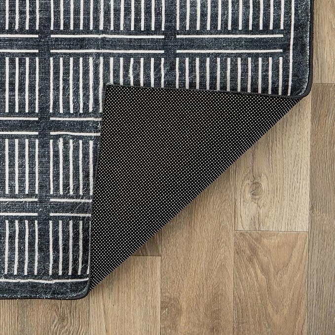Rugshop Bohemian Stripe Lines Washable Non Slip Runner Rug 2' x 8' Black