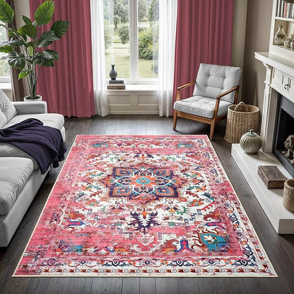 GLN Rugs Traditional Collection - Machine Washable Area Rug, Traditional Washable, Non Slip, Low Pile Chenille Rug, Living Room, Bedroom, Kitchen Rug (3' x 5' Pink/Multicolor)