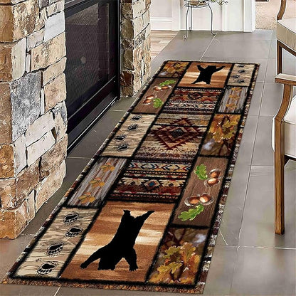 Wild Animal Bear Long Runner Rug, 2x6ft, Brown Geometric Stitching Non-Slip Kitchen Mat, Animal Bear and Plant Pine Cone Autumn Leaf Print Entrance Carpet, Southwest Country Style Indoor Decoration