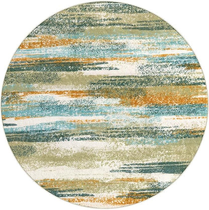Modern Abstract Round Rug 6Ft, Green Mustard Multi Washable Non-Slip Circle Rug, Soft Circular Dining Room Rug Thin Print Faux Wool Carpet for Bedroom Living Room Office Playroom