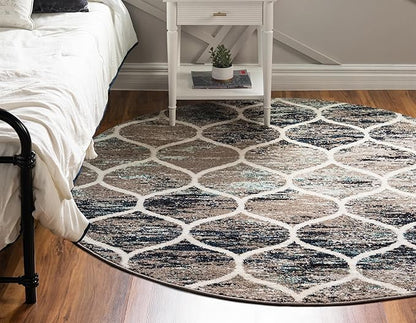Rugs.com Lattice Frieze Collection Rug – 8' Round Blue Multi Medium Rug Perfect for Kitchens, Dining Rooms