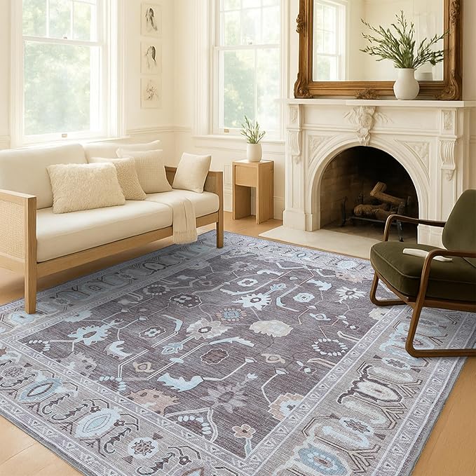 Brown Oushak Rug, Modern, Vintage, Turkish, Eclectic, Floral, Pastel, Washable, Large Area Rugs for Living Room, Dining, Bedroom, Girls, Boys, 7'5"x9'8"
