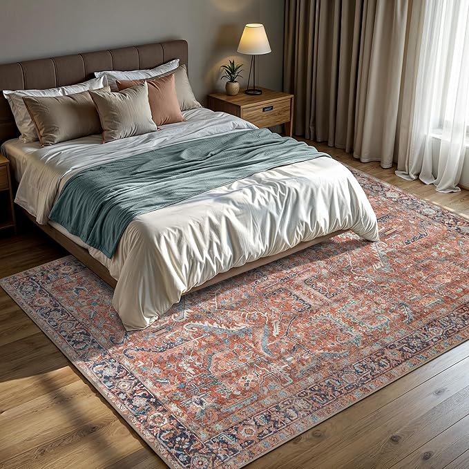 GLN Rugs Traditional Collection - Machine Washable Area Rug, Traditional Washable, Non Slip, Low Pile Chenille Rug, Living Room, Bedroom, Kitchen Rug (9' x 12' Terra/Multicolor 1168)