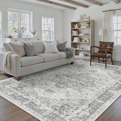 Gray 5x7 Area Rug Washable Vintage Living Room Carpet Non Slip Retro Distressed Low Pile Soft Oriental Medallion Thin Grey Throw Rug for Kitchen Bathroom Office Bedroom Dining Room