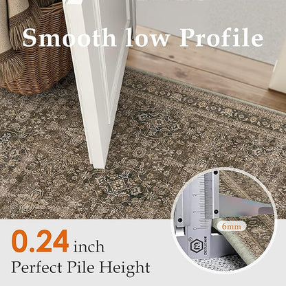 Entryway Area Rug 4x6 Brown Vintage Washable Office Carpet Traditional Distressed Indoor Entry Soft Non Slip Small Door Mat Retro Low Pile Thin Rug for Kitchen Laundry Bedroom