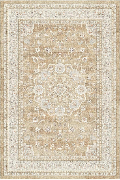 HUGEAR Entryway Machine Washable Area Rugs 2x3 Vintage Beige Brown Small Neutral Style Non Slip Stain Resistant Low Pile Throw Carpet for Hallway Kitchen Retro Aesthetic Modern Decor