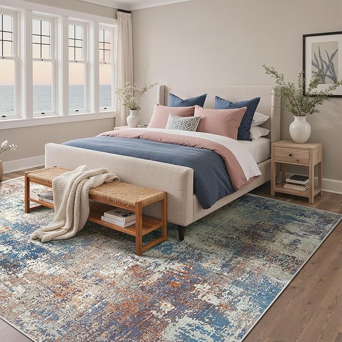 8x10 Area Rugs Washable Blue Rug for Living Room Bedroom, Abstract Modern Large Rug Non Slip, Water Repellent Low Pile Soft Carpet for Dining Room, Blue Rust