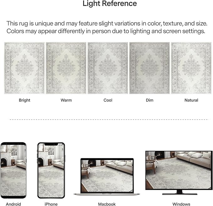 ReaLife Rugs Machine Washable Area Rug - Living Room Bedroom Bathroom Kitchen Entryway Office - Padded Low Pile Stain Resistant Premium - Boho Farmhouse Vintage - Paige - Ivory 4' x 6'