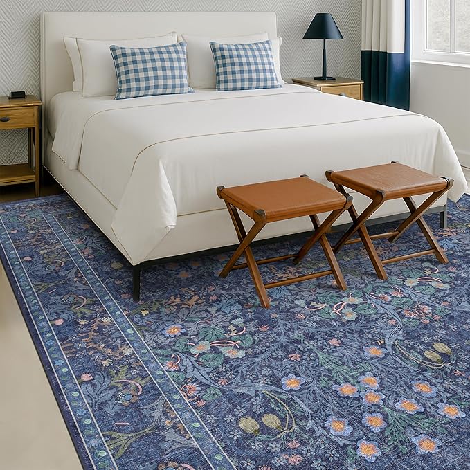 Dining Room Rugs for Under Table - 6x8 Washable Dark Blue Oriental Area Rug for Living Room, Low Pile Non-Slip Floor Carpet for Bedroom - Vintage Design & Stain Resistance (6x8 Navy Blue)