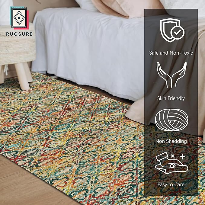 RUGSURE Washable Area Rugs, 2'6'' x 8' - 1/6 Thick - Stain & Water Resistant Non-Slip - Perfect Resistant Rug for Living Room, Bedroom, Nursery, Pet & Child Friendly, Vibrant Colors Rugs, Multicolor
