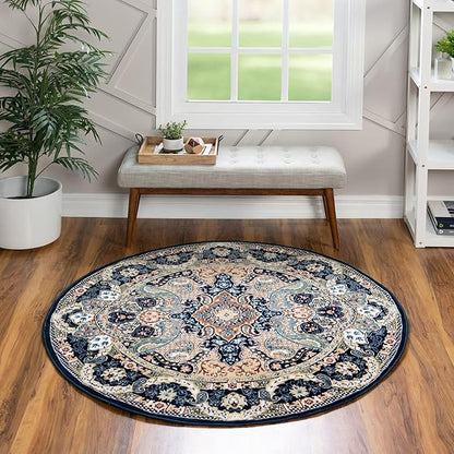 Unique Loom Narenj Collection Classic Traditional Medallion Textured Design Area Rug, 10' 0" x 10' 0", Navy Blue/Tan
