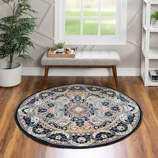 Unique Loom Narenj Collection Classic Traditional Medallion Textured Design Area Rug, 10' 0" x 10' 0", Navy Blue/Tan