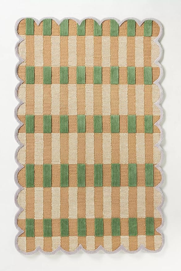 Hand-Tufted Wool Area Rug with Scalloped Edges, Beige and Green Plaid Pattern, Cozy and Soft Accent Rug for Living Room, Bedroom, and Nursery, Handmade Decorative Rug, 2.5x10 Ft (Runner)