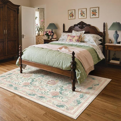 Bavni 5x7 Area Rugs for Living Room, Microfiber Machine Washable Non-Slip Vintage Floral Rug, Low Pile Lightweight Carpet for Bedroom, Dining Room, Home Office, Beige&Pink