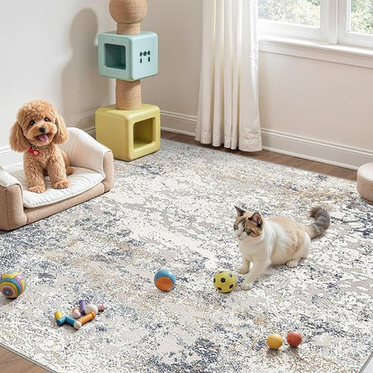 Square Area Rug Living Room Rugs - 8x8 Washable Large Soft Indoor Neutral Modern Abstract Low Pile Rug Carpet for Bedroom Dining Room Farmhouse Home Office - Beige Blue