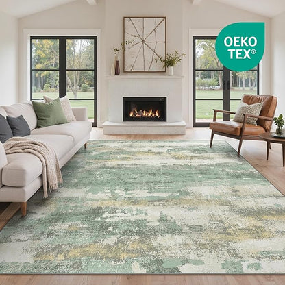 GENIMO No Crease Non Slip 9x12 Area Rugs for Living Room, Craft Woven Modern Abstract Rug, Soft Floor Carpet, Single-Piece Rugs for Bedroom, Dining Room, Office,Green Gray
