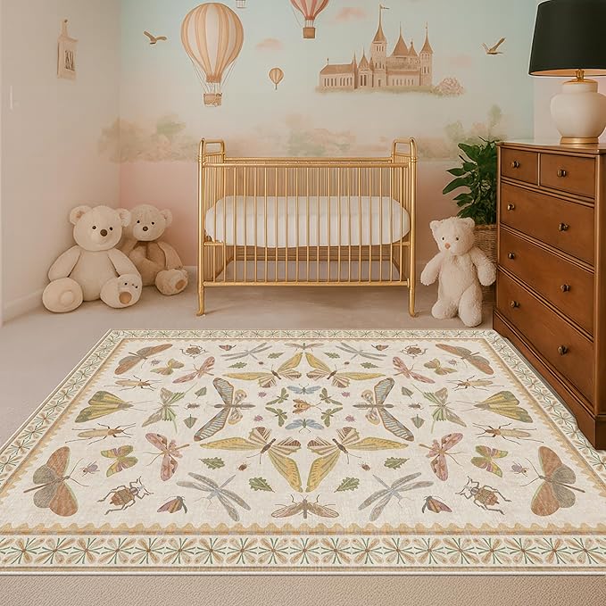 3x5 Washable Non-Slip Bathroom Rug, Colorful Insect Rug for Kids Room - Ultra Soft Low Pile Cottagecore Butterfly & Beetle Pattern for Nature-Inspired Home Décor
