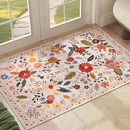 2x3 Washable Rug for Entryway, Floral Soft Small Area Rug, Non Slip Doormat Indoor Entrance Carpet, Flower Low Pile Front Door Throw Rug for Bedroom, Kitchen, Laundry, Bathroom, Pink/Beige