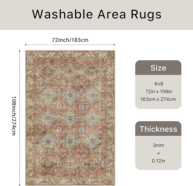 Bavni Clearance 6x9 Area Rugs for Living Room, Machine Washable Rug Non Slip, Vintage Chenille Distressed Print Carpet, Large Low Pile Ultra-Thin Lightweight Rugs for Bedroom, Dining Room, Spice Sky