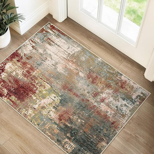 Washable Area Rugs 2'x3' Non-Slip Modern Abstract Soft for Living Room Entryway Bedroom Nursery, Print Pattern, Brown Rust Red Multi