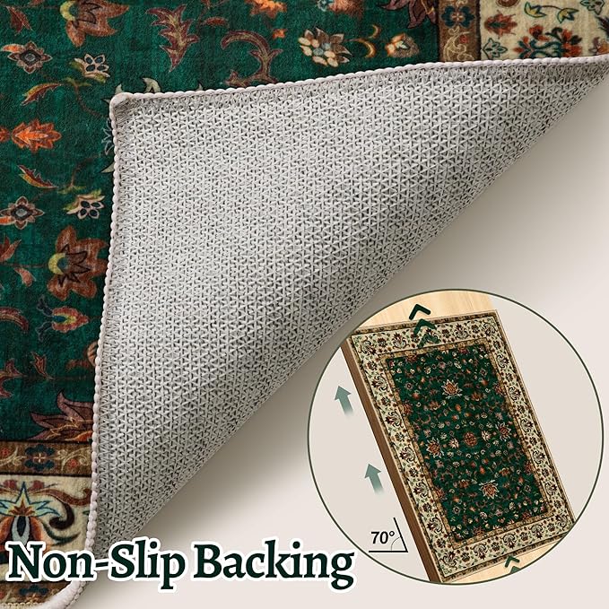 Tangsoo 2x3 Washable Rugs for Entryway, Small Area Vintage Floral Rug Non-Slip Soft Low Pile Rugs, Small Carpet Door Mat, Front Door Indoor Throw Rug for Entrance Kitchen Entry, Home Decor Green