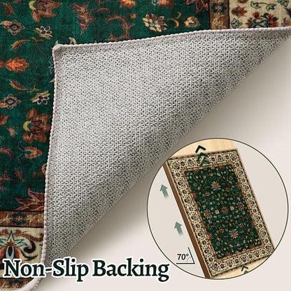 Tangsoo 5x7 Washable Rug, Floral Vintage Large Area Rugs for Living Room, Indoor Non Slip Print Floor Carpet, Soft Low Pile Machine Washable Rug for Bedroom Dining Room Dorm Home Decor Green