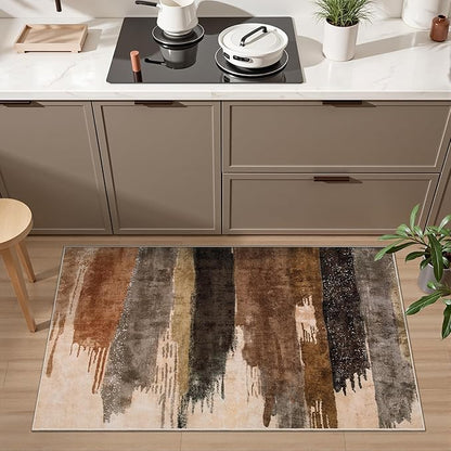 Ciicool Modern Abstract Area Rug 2x3 Washable Small Entryway Rugs, Black Brown Non-Slip Low Pile Throw Entry Rug, Foldable Kitchen Bathroom Rugs Floor Carpet for Entrance Bedroom Indoor Doormat