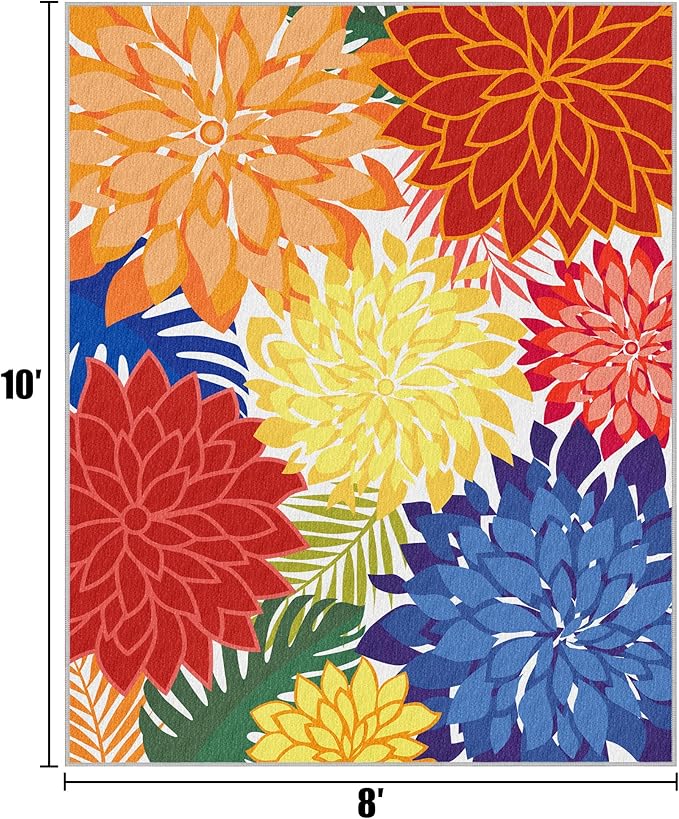 Outdoor Area Rug Washable Multicolored Patio Rug Tropical Botanical Modern Floral Outdoor Carpet Non-Slip for Patio, Deck, Backyard, Porch (8x10)