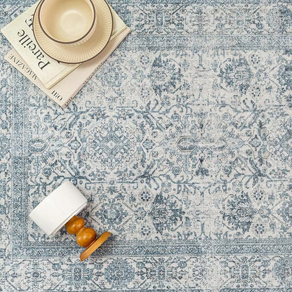 Vintage Area Rug 5x7 Blue Washable Living Room Large Carpet Non Slip Bedroom Indoor Office Low Pile Traditional Distressed Retro Accent Rug for Dining Room Bathroom Kitchen