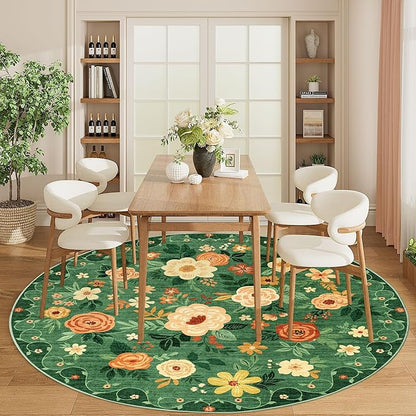 DUKINO Floral Round Rug, 6ft Washable Circle Rug, Non Slip Indoor Low Pile Circle Rug, Soft Small Boho Design Carpet for Bedroom, Entryway, Living Room, Dining Room, Dark Green