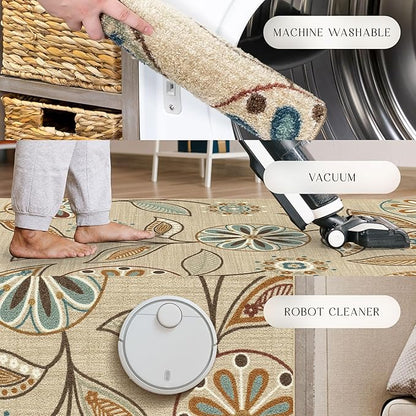 Maples Rugs Reggie Floral Runner Rug - Made in USA - Washable, Non Slip Indoor Carpet for Kitchen, Hallway, and Laundry Room, 1'8 x 4', Beige