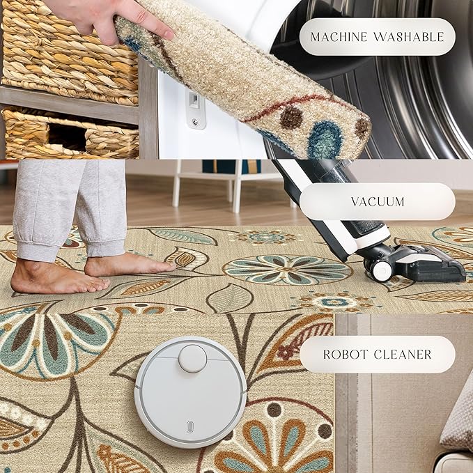 Maples Rugs Reggie Floral Kitchen Rug - Made in USA - Washable, Non Slip Indoor Carpet for Entryway, Foyer, Kitchen, and Bathroom, 2'6 x 3'10, Beige
